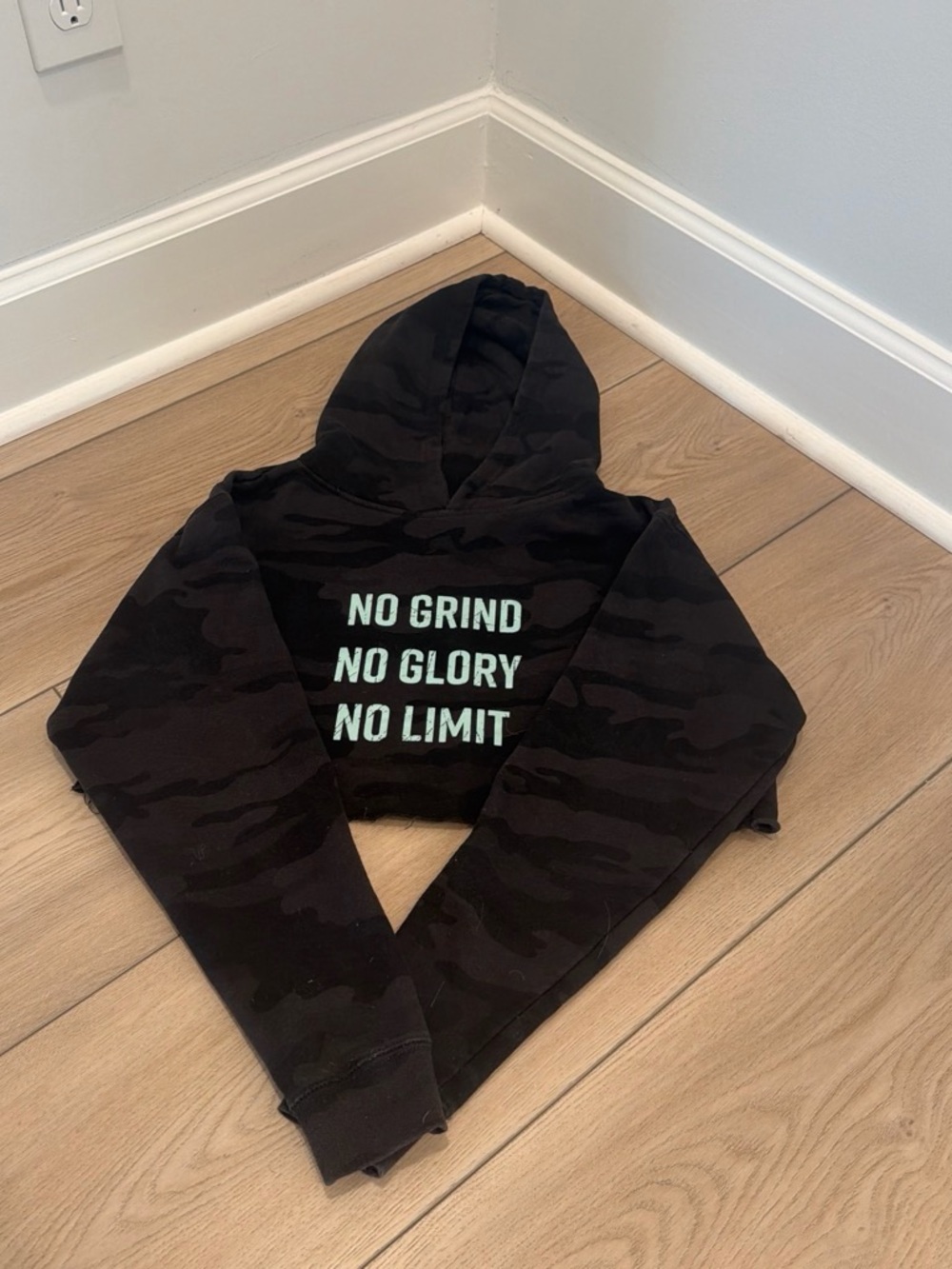 Kids Black Camo Cropped Hoodie with Mint Motivational Print